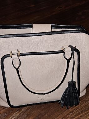 kate spade Cream and Black Leather Satchel with Tassel